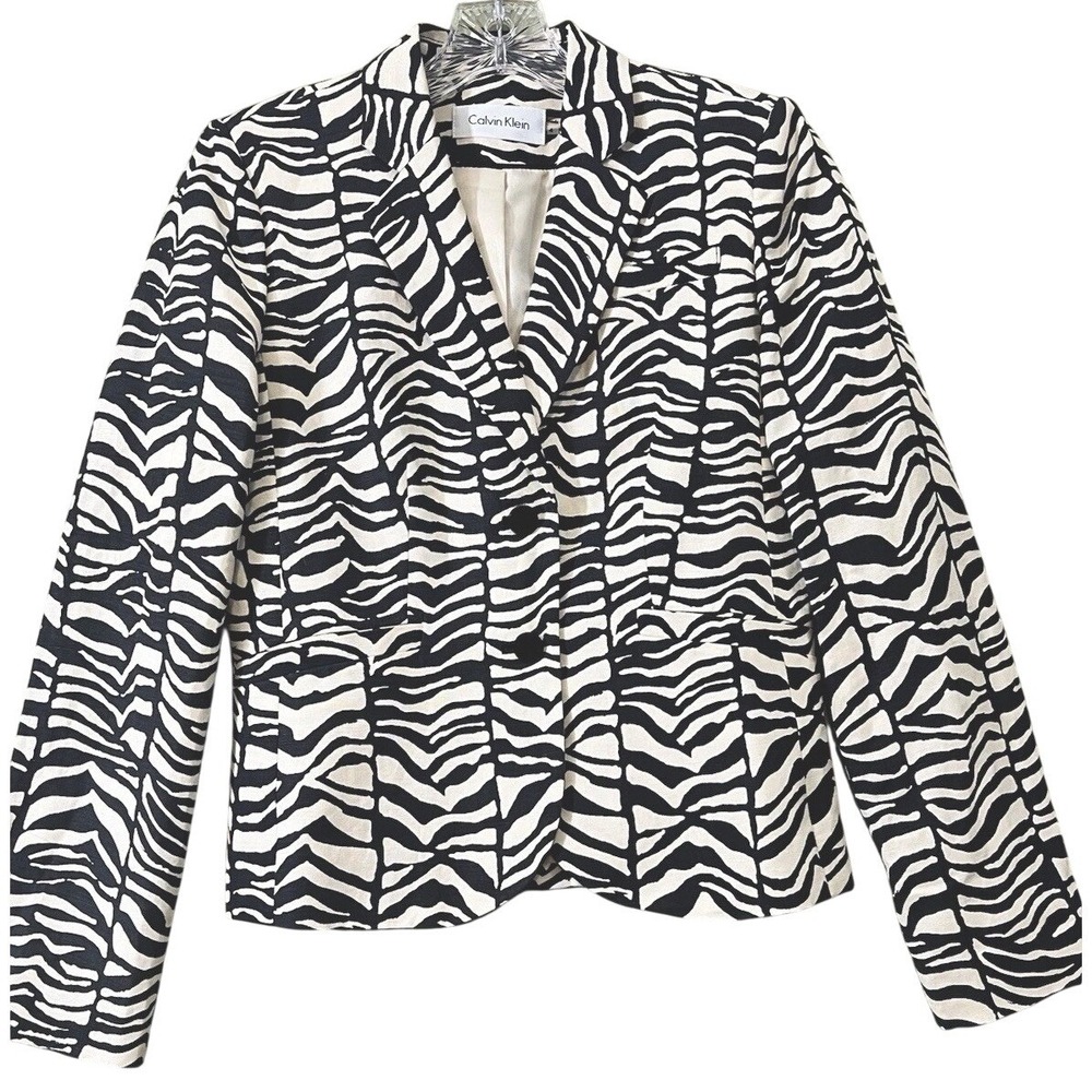 Calvin Klein Linen Blend Jacket Black Cream Zebra Animal Print Lined Size 4